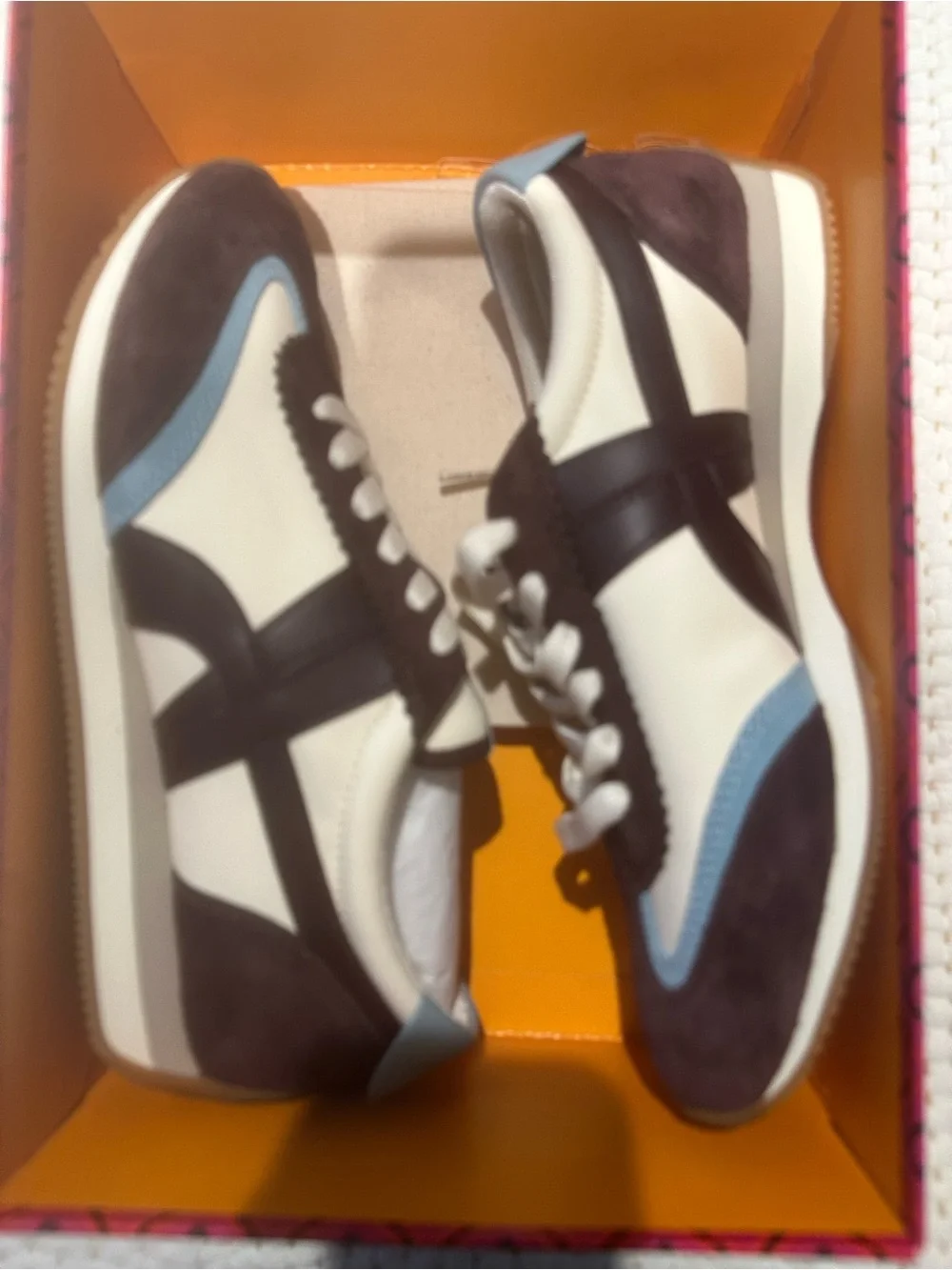 Tory Burch Cream,HANK SNEAKER  Light Blue & Dark Brown Suede Lace-Up Sneakers